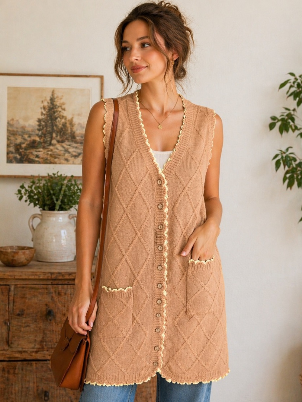 Easel Camel Knit Tunic Sweater Vest Scalloped Trim Button Front Pockets M/L